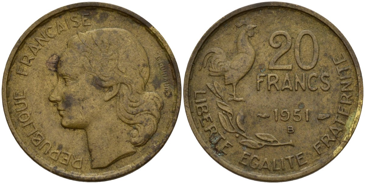 Франция 20 франков 1951 B, Петух KM 917.1 алюминиевая бронза 4159-933