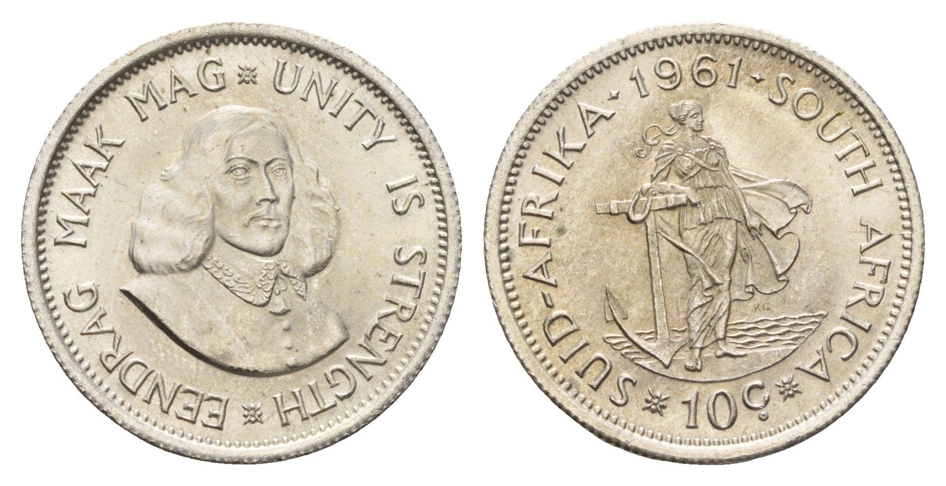 ЮАР 10 центов 1961 Ян ван Рибек KM 60 серебро UNC 84-234