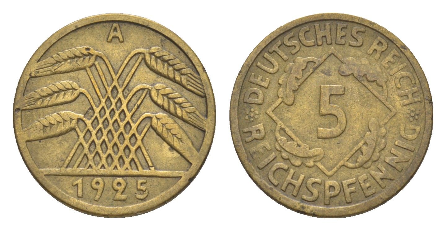 Германия 5 рейхспфеннигов 1925 A KM 39, J. 316 алюминиевая бронза 4636-667