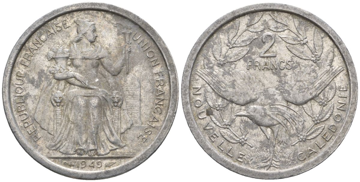Французская Новая Каледония 2 франка 1949 птица кагу, (IEOM) KM 3, Schoen 3, Lec 55 алюминий    27-257