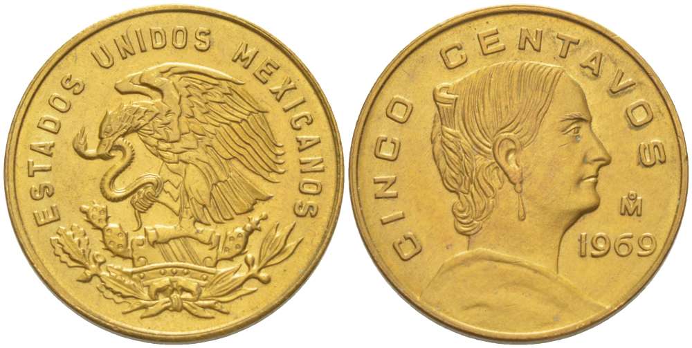 МЕКСИКА 5 СЕНТАВО 1969 Мо KM 626 латунь 4519-641