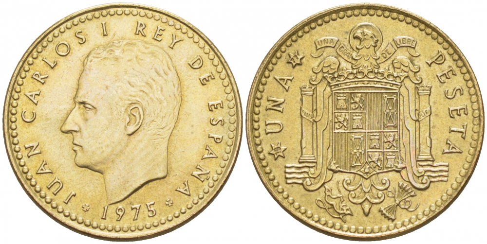 ИСПАНИЯ 1 ПЕСЕТА 1975 (77) ХУАН КАРЛОС I (1975-) КМ 806 алюминиевая бронза 87-1513