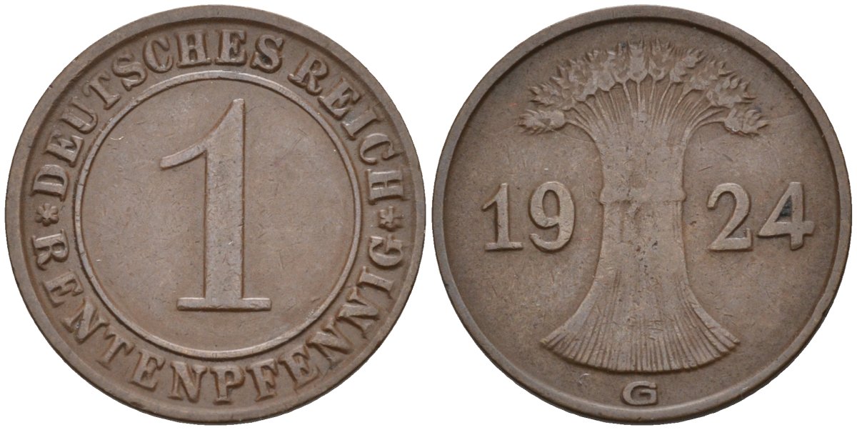 Германия 1 рентенпфенниг 1924 G KM 30, J.306, Weege 1 медь 4585-546