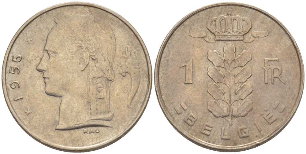 БЕЛЬГИЯ 1 ФРАНК 1956 BELGIE, БОДУЭН I (1951-1993) KM 143.1 медно-никель 202-953
