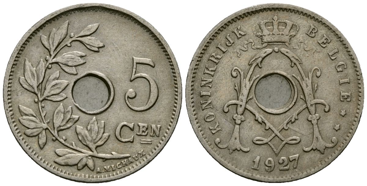 Бельгия 5 сантимов 1927 Belgie KM 67 медно-никель 4173-315