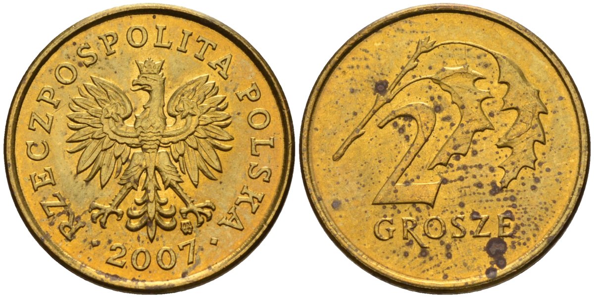 Польша 2 гроша 2007 MW KM 277, Parchimowicz 702n латунь 4580-532