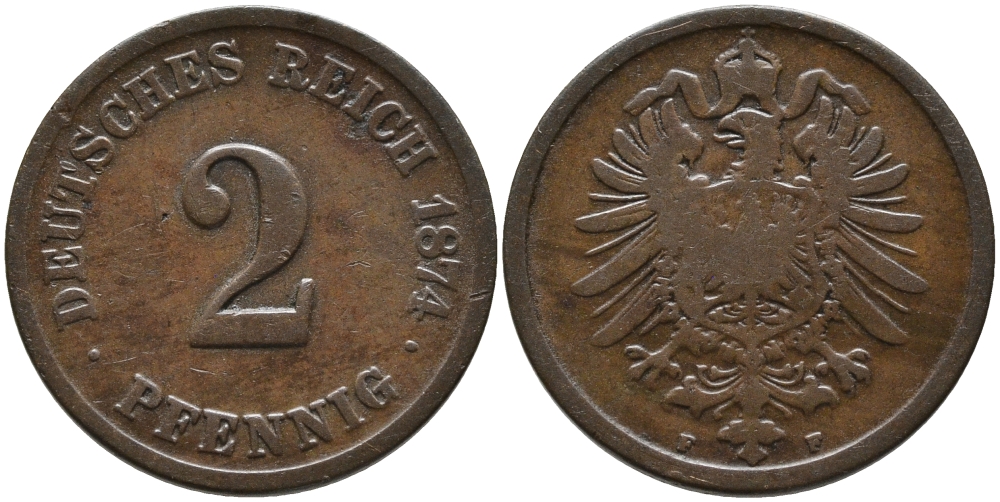 ГЕРМАНИЯ 2 ПФЕННИГА 1874 F, СТАРОГЕРБОВКА KM 2, J.2 медь 179-1035