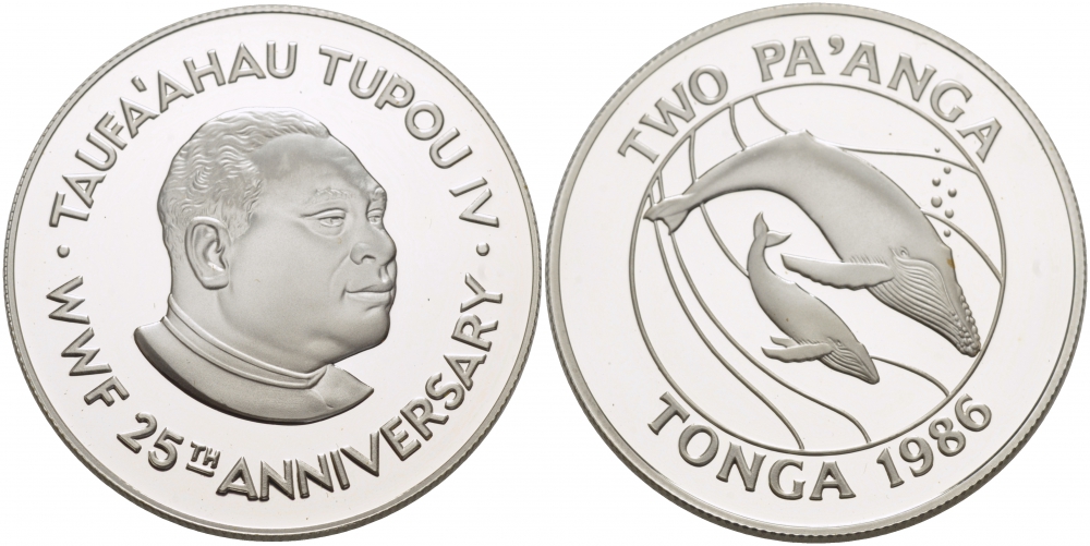 Тонга 2 паанга 1986 серия 25 лет защиты окружающей среды, кит кашалот KM 121 серебро PROOF 1068-5-64