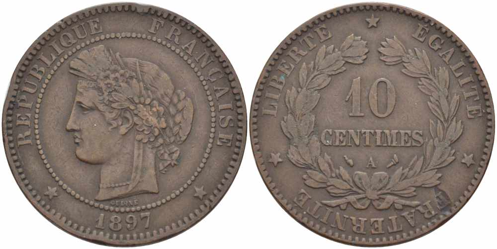Франция 10 сантимов 1897 A, Третья Республика (1871-1940) KM 815.1, LA FRANC 135.44 бронза 4683-513