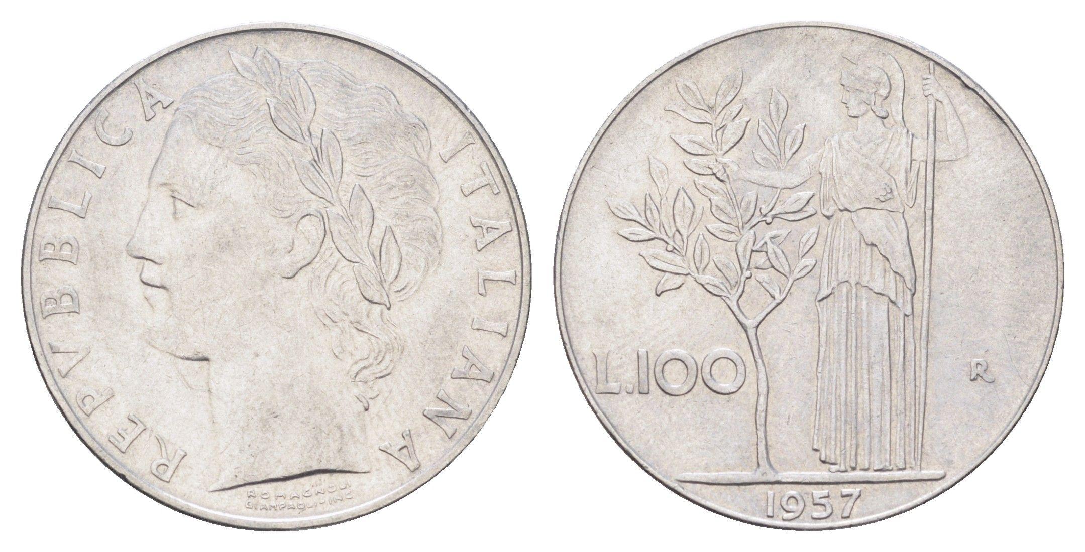 Италия 100 лир 1957 R, Афина в доспехах KM 96.1 нержавеющая сталь 4704-655