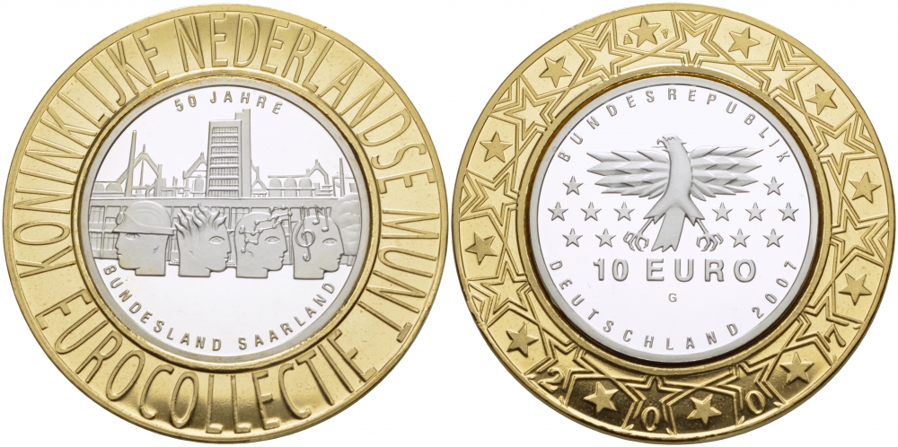 ФРГ 10 евро 2007 G, 50 лет вхождения Саара в ФРГ KM 263, DE.S. 10.29 серебро PROOF 1068-8-43