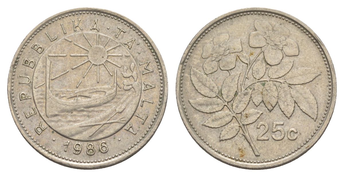 Мальта 25 центов 1986 KM 80 медно-никель 4633-631
