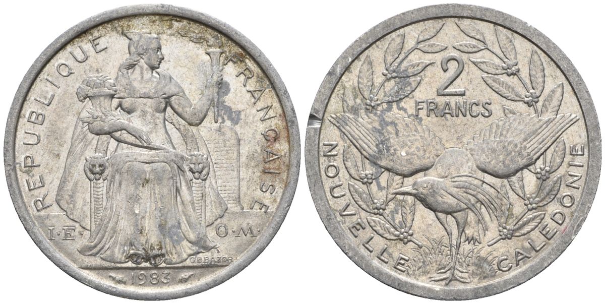 Французская Новая Каледония 2 франка 1983 птица кагу, (IEOM) KM 14, Schoen 11, Lec 63 алюминий    08-1016