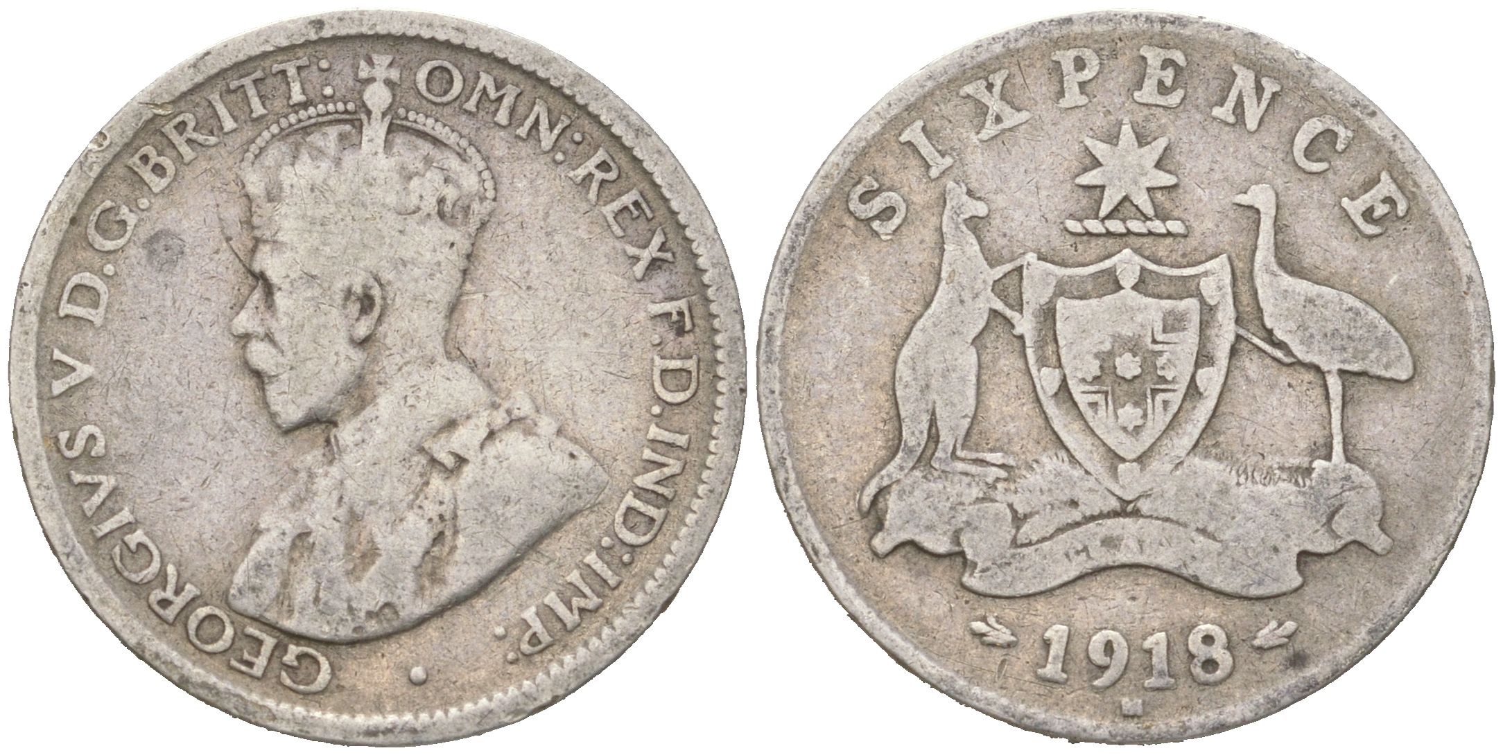 Австралия 6 пенсов 1918 M, Георг V (1910-1936), редкий год KM 25 серебро 4623-151