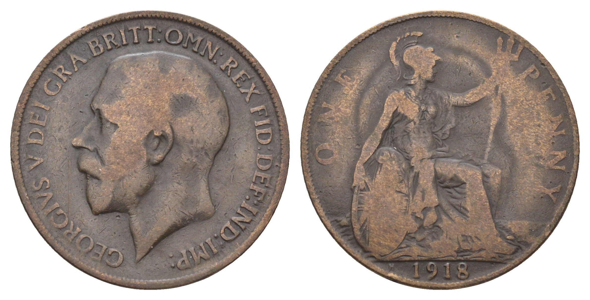 Великобритания 1 пенни 1918 H, Георг V (1910-1936) KM 810, Spink 4052 бронза 4661-546