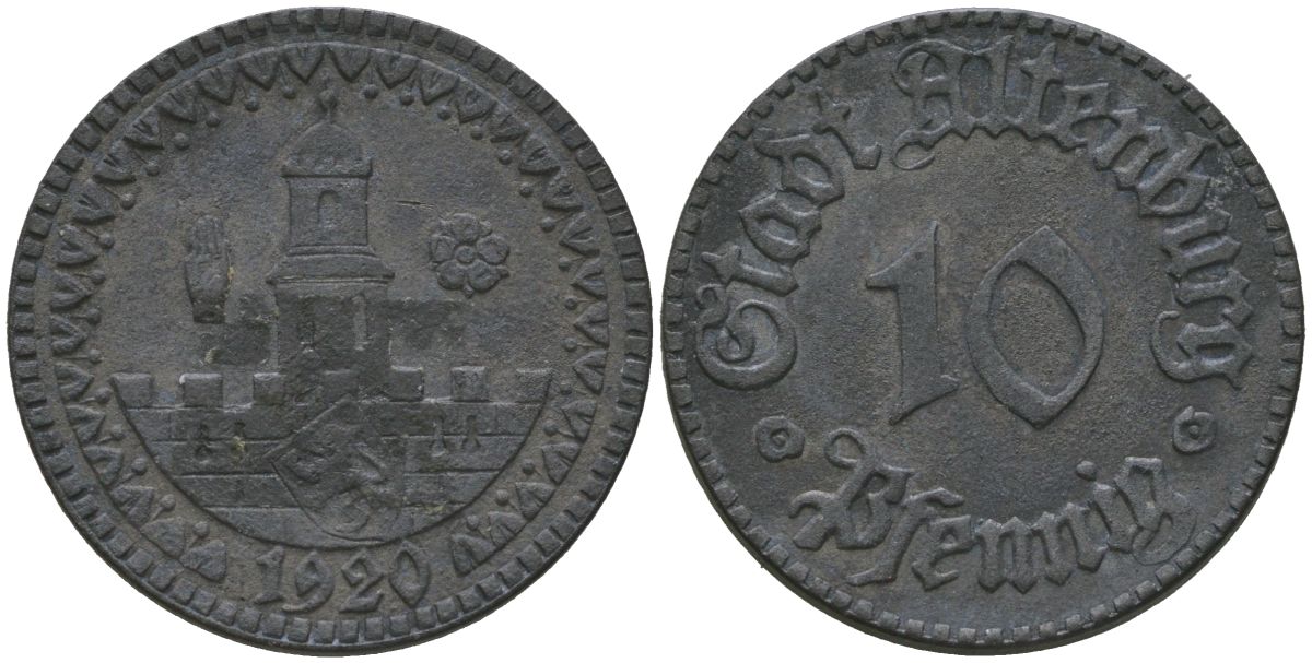 Альтенбург (Тюрингия) 10 пфенингов 1920 Funck 13.2A, Men05 348.2, Men18 486.2 цинк 4525-851