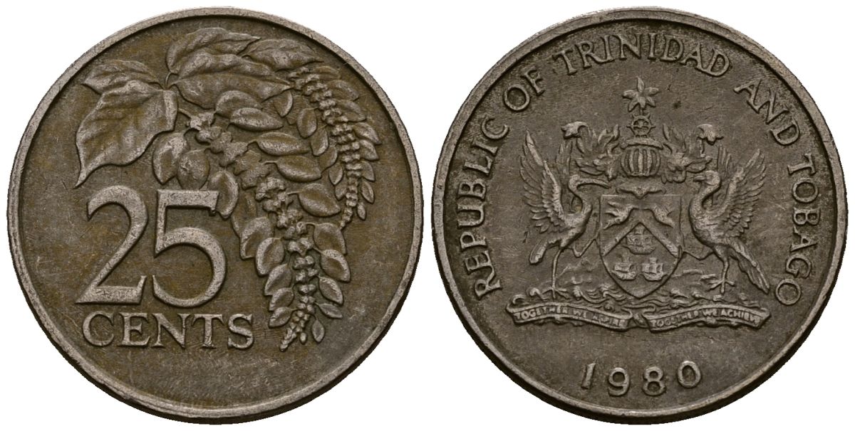 Тринидад и Тобаго 25 центов 1980 цветок дикая пуансеттия KM 32 медно-никель 4176-157