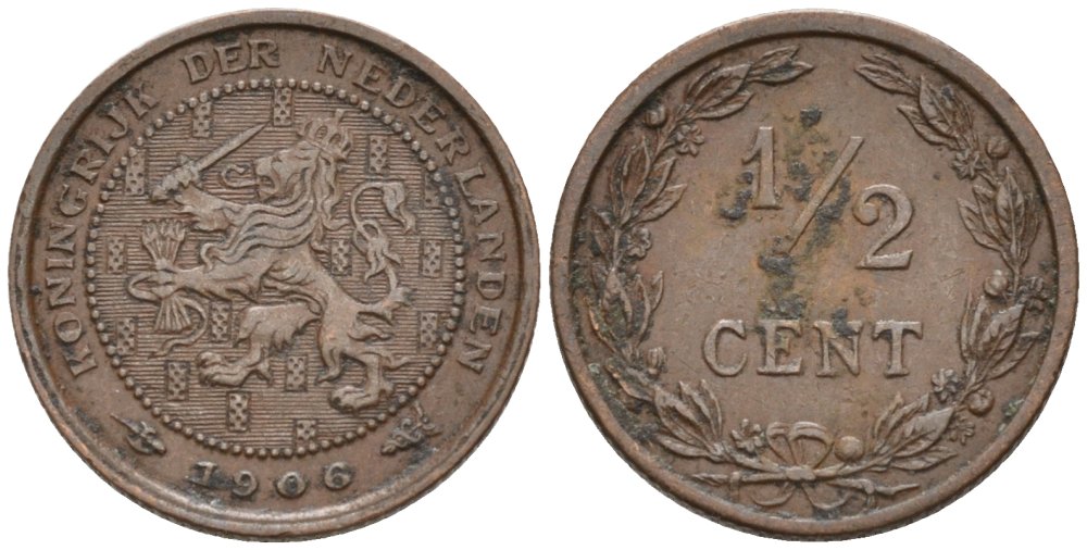 Нидерланды 1/2 цента 1906 Вильгельмина (1890-1948) KM 133 бронза 4576-133