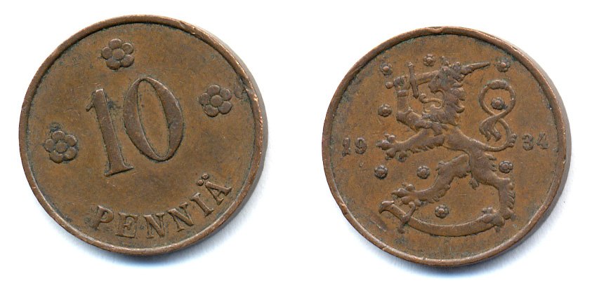 Финляндия 10 пенни 1934 республика (1918-1962) KM 24 медь 51-5353