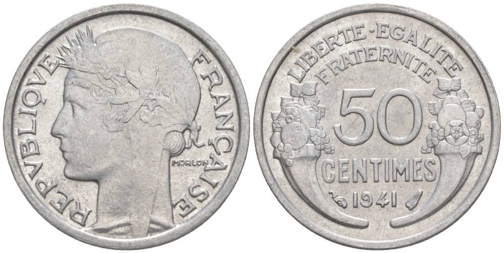 ФРАНЦИЯ 50 САНТИМОВ 1941 ТИП MORLON LOURDE KM 894.1a, LE FRANC 193.2 алюминий 44-263