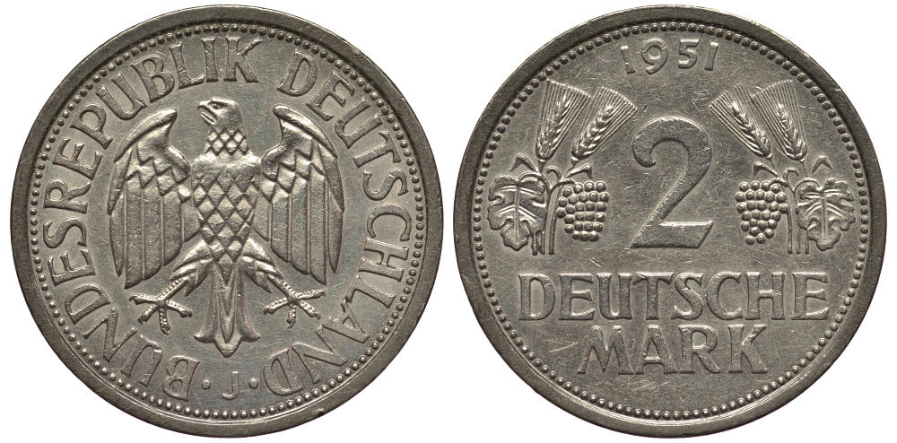 ФРГ 2 марки 1951 J J.386 KM 111 медно-никель плакированный никелем 1529-314