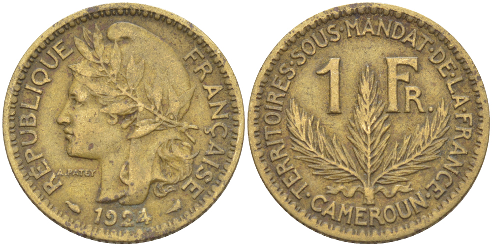 Французский Камерун 1 франк 1924 (а), монетный двор Париж KM 2 алюминиевая бронза 29-216