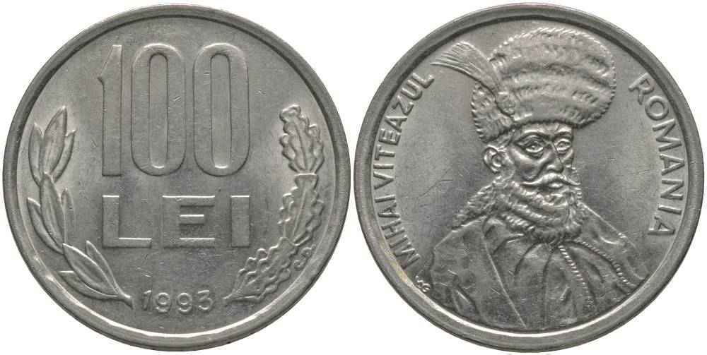 Румыния 100 леев 1993 Михай Храбрый (1558-1601) KM 111 сталь плакированная никелем 69-632