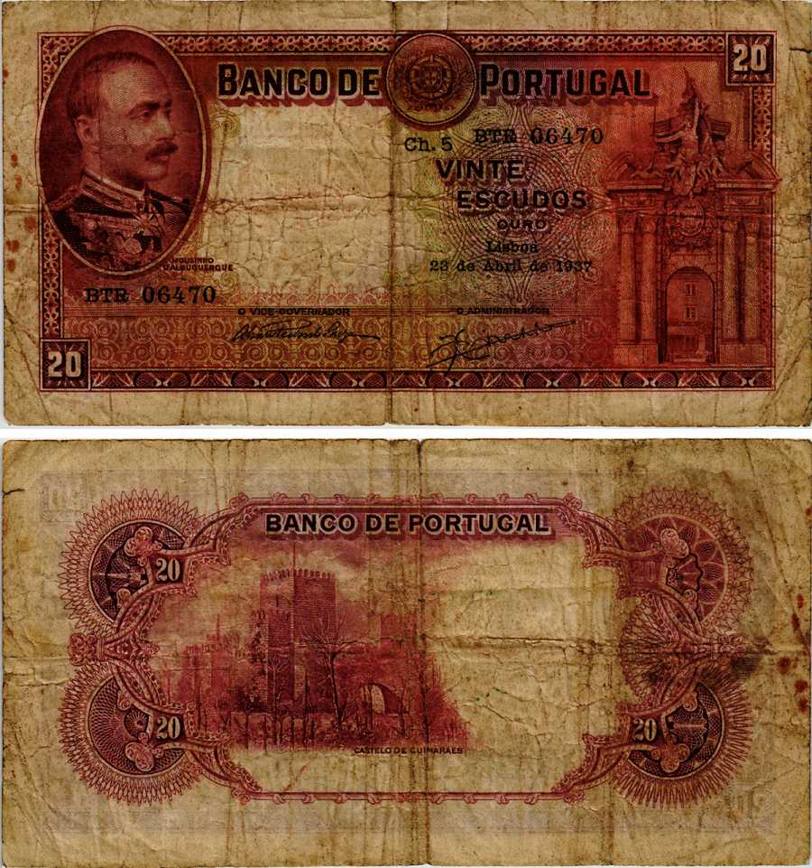 Португалия 20 эскудо 1937 Моузинью де Албукерке, замок Гимарайнш Pick 143  бумага   451-304-3