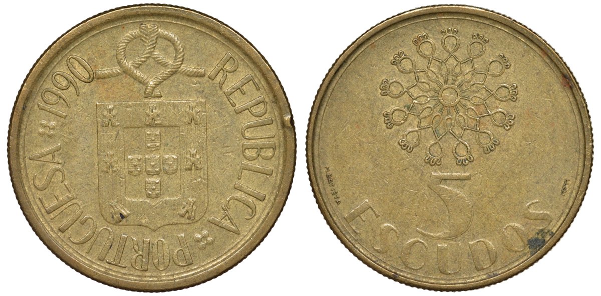 Португалия 5 эскудо 1990 KM 632 никель латунь 51-1726