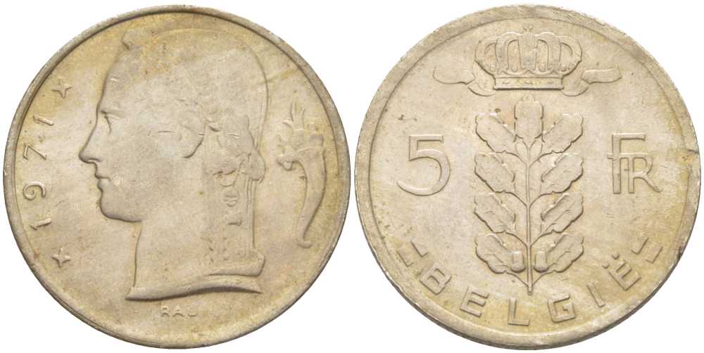 БЕЛЬГИЯ 5 ФРАНКОВ 1971 BELGIE, БОДУЭН I (1951-1993) KM 135.1 медно-никель 202-1214