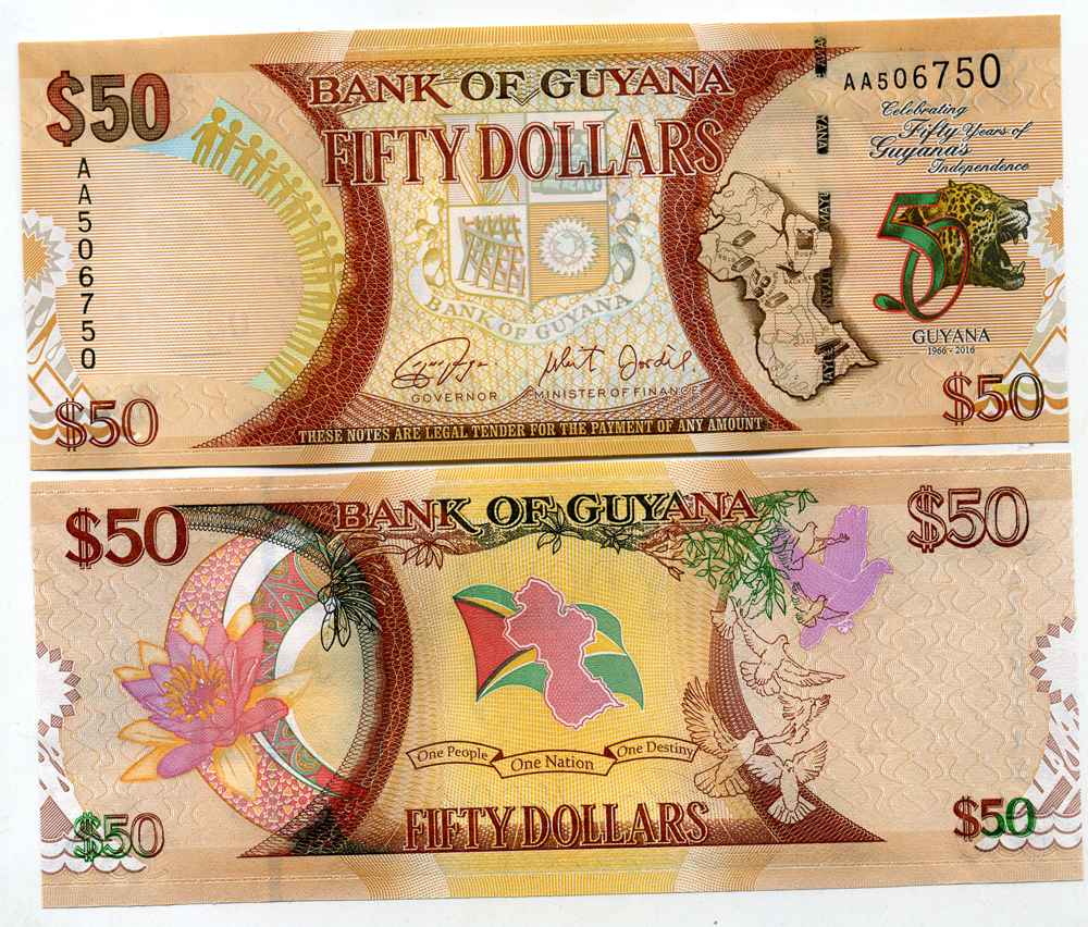 Гайана 50 долларов 2016 50 лет независимости Гайаны (1966-2016) Pick 41 бумага UNC (пресс) 447-92-1