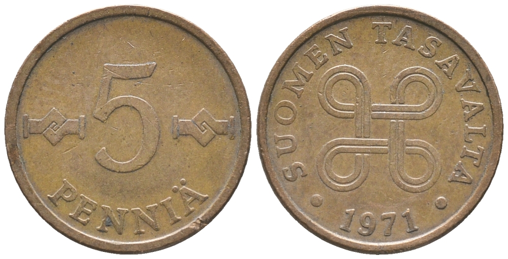 ФИНЛЯНДИЯ 5 ПЕННИ 1971 KM 45 медь 100-964