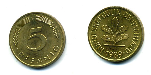 ФРГ 5 ПФЕННИГОВ 1989 F KM 107, J 382 сталь плакированная латунью 46-317