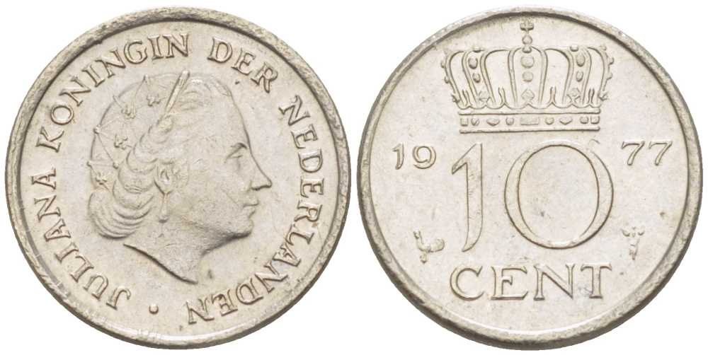НИДЕРЛАНДЫ 10 ЦЕНТОВ 1977 ЮЛИАНА (1948-1980) KM 182 никель 211-1229