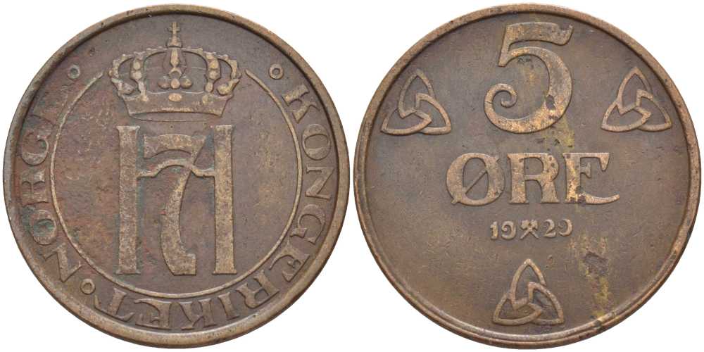 НОРВЕГИЯ 5 ЭРЕ 1929 ХОКОН VII (1905-1957) KM 368 бронза 115-811