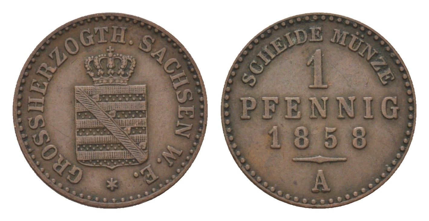 Саксен-Веймар-Эйзенах 1 пфенниг 1858 A, Карл Александр (1853-1901) KM 205 медь 4625-1016