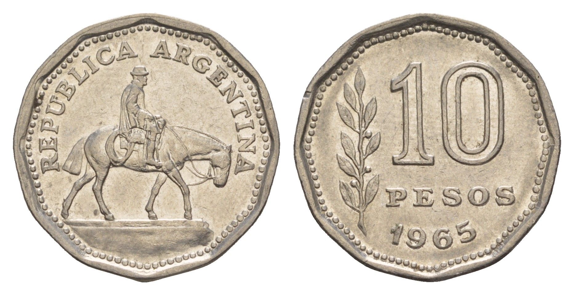 Аргентина 10 песо 1965 Гаучо KM 60 сталь плакированная никелем 4656-1142