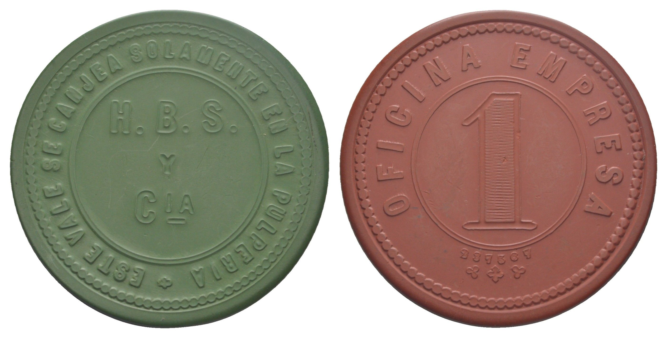 Чили, Компания (Empresa), Токо (Toco) шахтерский жетон с Селитряного рудника для покупки в местных магазинах, номиналом в 1 песо 1880-1920 диаметр 45 мм, вес 5,31 гр Espinosa 100.8 эбонит (зеленый и охра) 01-234-35