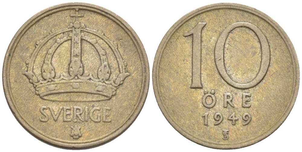 Швеция 10 эре 1949 TS, Густав V (1907-1950) KM 813 серебро 116-1161