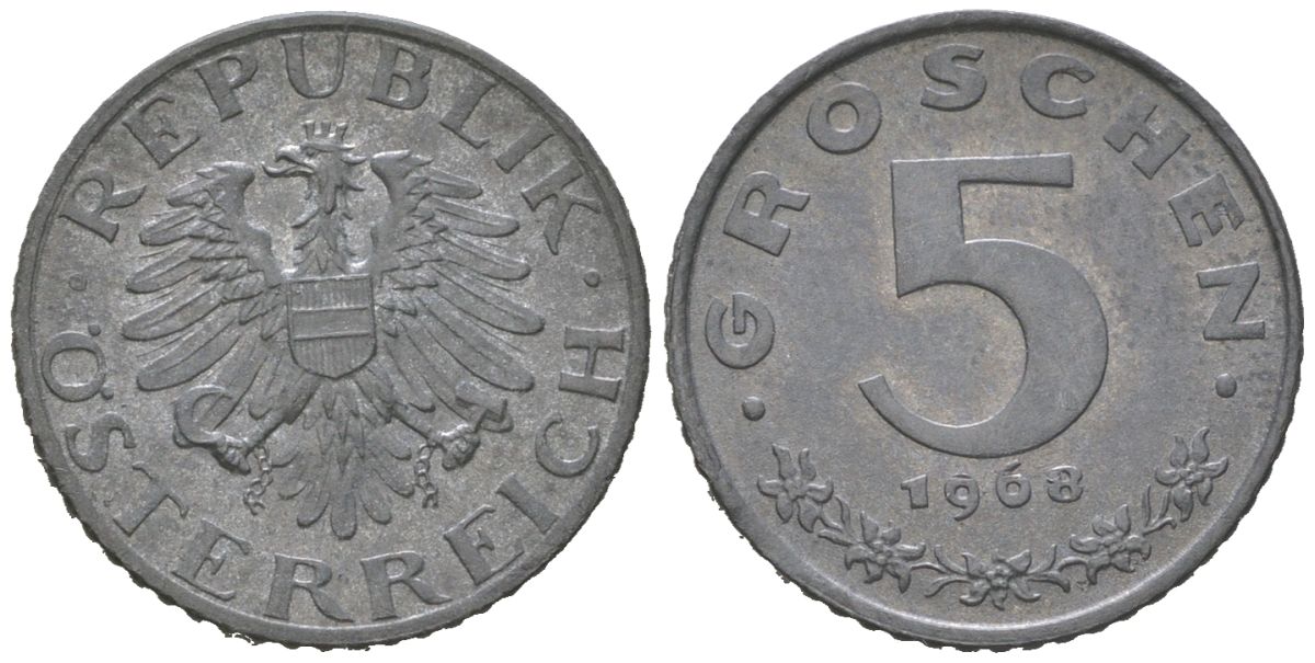 Австрия 5 грошей 1968 KM 2875 цинк aUNC 3955-666