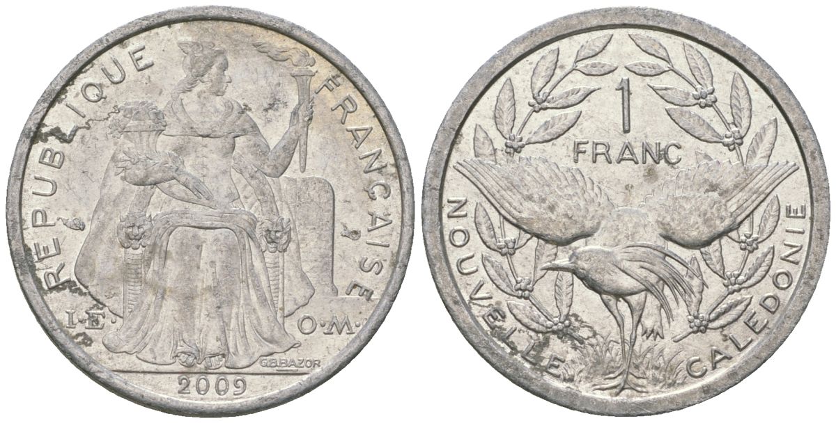 Французская Новая Каледония 1 франк 2009 птица кагу, (IEOM) KM 10, Schoen 10 алюминий 55-1131
