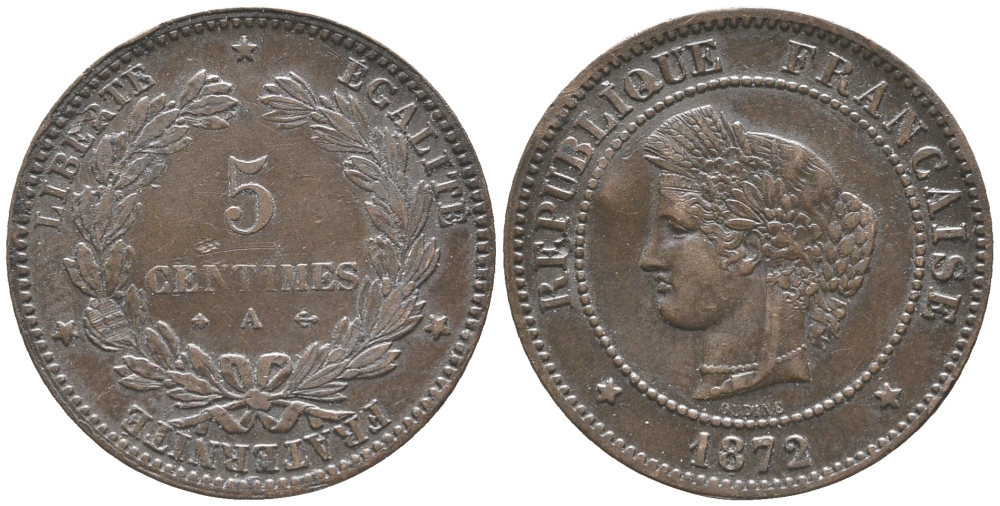ФРАНЦИЯ 5 САНТИМОВ 1872 А, ТРЕТЬЯ РЕСПУБЛИКА (1871-1940) KM 821.1, LE FRANC 118.5 бронза 34-415
