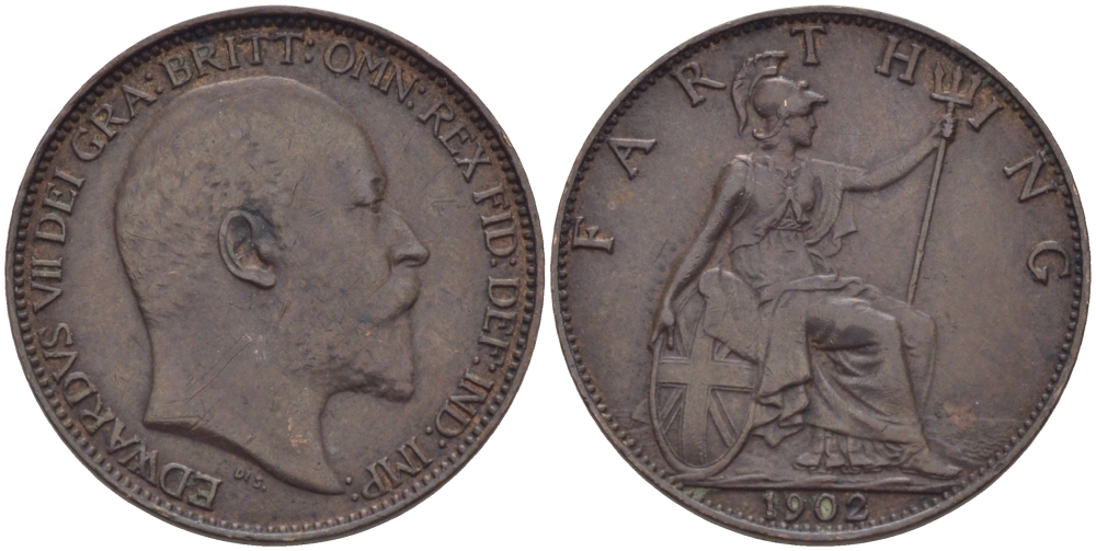 Великобритания 1 фартинг 1902 Эдуард VII (1901-1910) KM 792, Spink 3992 бронза 100-243