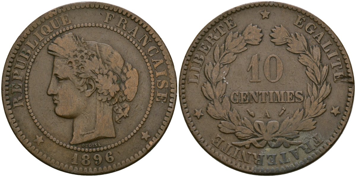 Франция 10 сантимов 1896 A, Третья республика (1871-1940) KM 815.1, Le Franc 135.33 бронза 4120-123