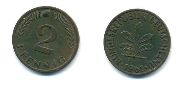 ФРГ 2 ПФЕННИГА 1961 J KM 106, J. 381 бронза 80-761