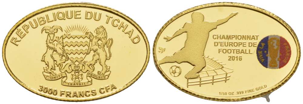 Чад 3000 франков 2016 Чемпионат Европы по футболу во Франции, овал, эмаль KM 9 золото PROOF 00-811-09