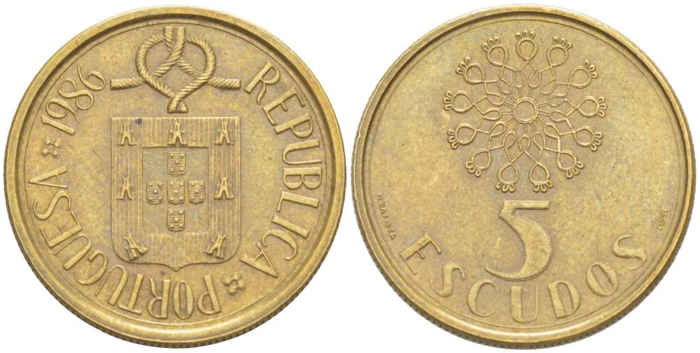ПОРТУГАЛИЯ 5 ЭСКУДО 1986 KM 632 никель латунь 4523-1042