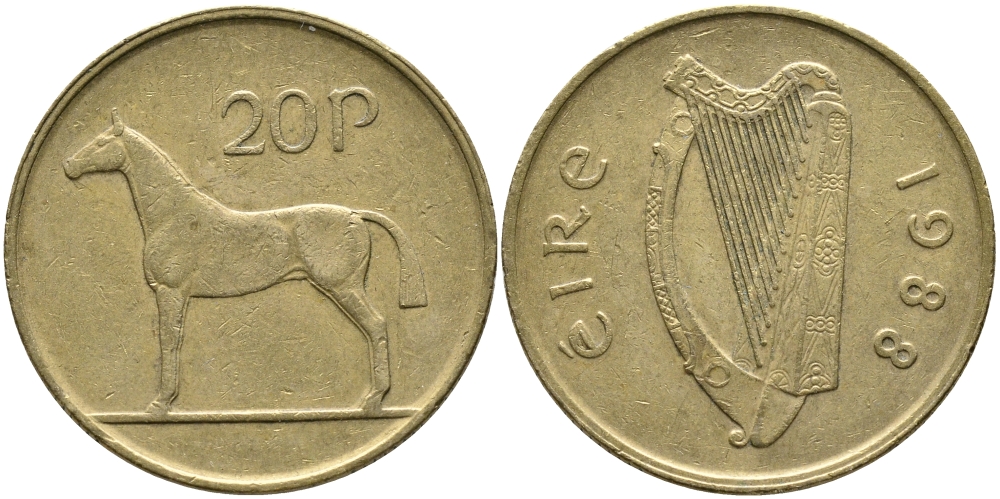 ИРЛАНДИЯ 20 ПЕНСОВ 1988 ЛОШАДЬ KM 25 никель бронза 32-136