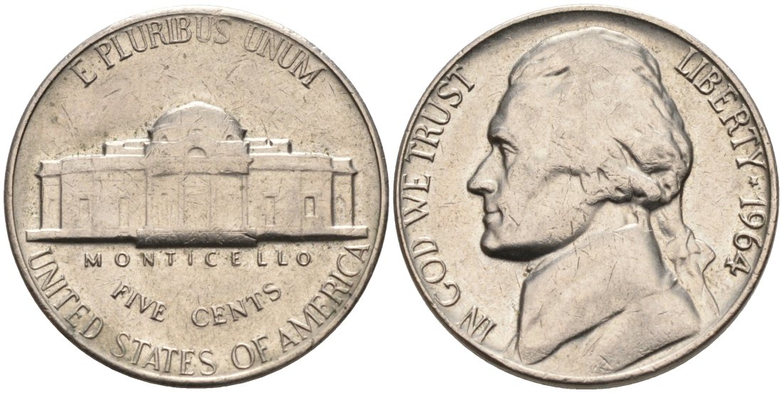 США 5 центов 1964 Джефферсон KM А192 медно-никель 92-1057