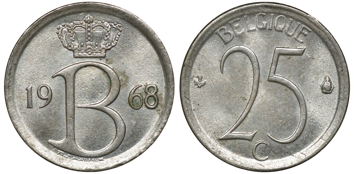 Бельгия 25 сантимов 1968 Belgie, Бодуэн I (1951-1993) KM 154.1 медно-никель 72-736